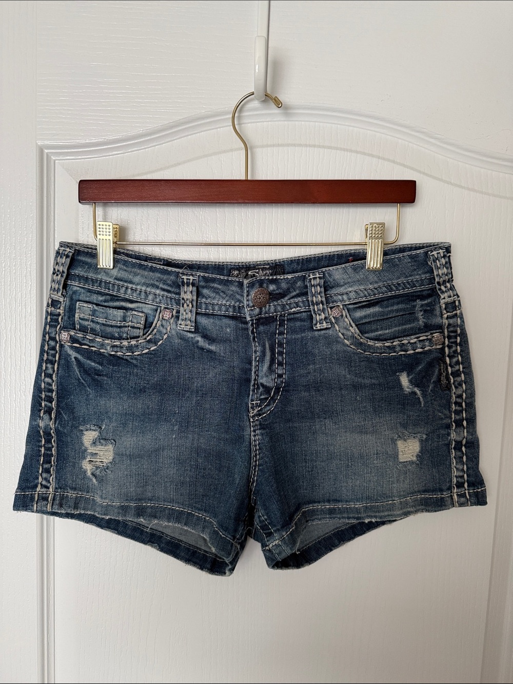 Silver Jeans Dark Wash Distressed Denim Shorts